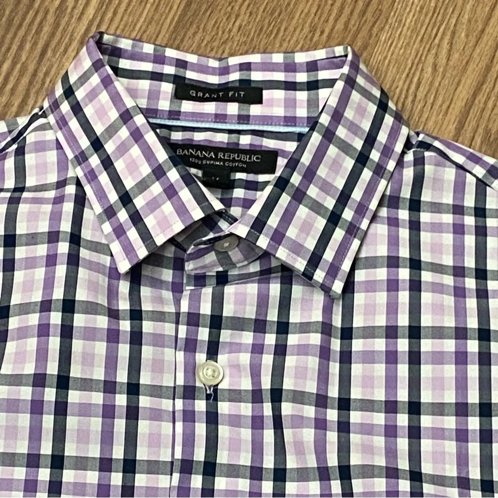 Banana Republic Grant Fit Shirt Mens Size M Lilac Plaid Supima Cotton Button Up